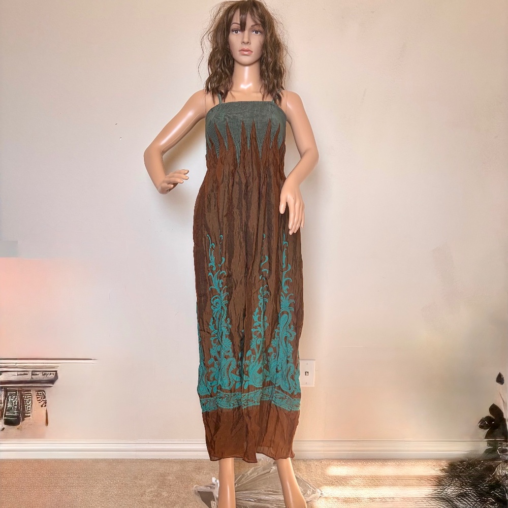 Lapis Anthropologie Brown/blue Paisley Embroidered Print Sleeveless Dress One Sz
